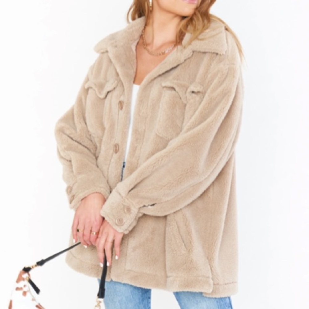 Show Me Your Mumu Whistler Sherpa Shirt Jacket Fuzzy Taupe Teddy Coat NWT